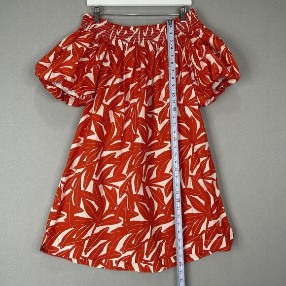 Whit Two Anthro Womens Dress Medium Red Banana Leaf Off Shoulder Smocked Poplin - Picture 5 of 13
